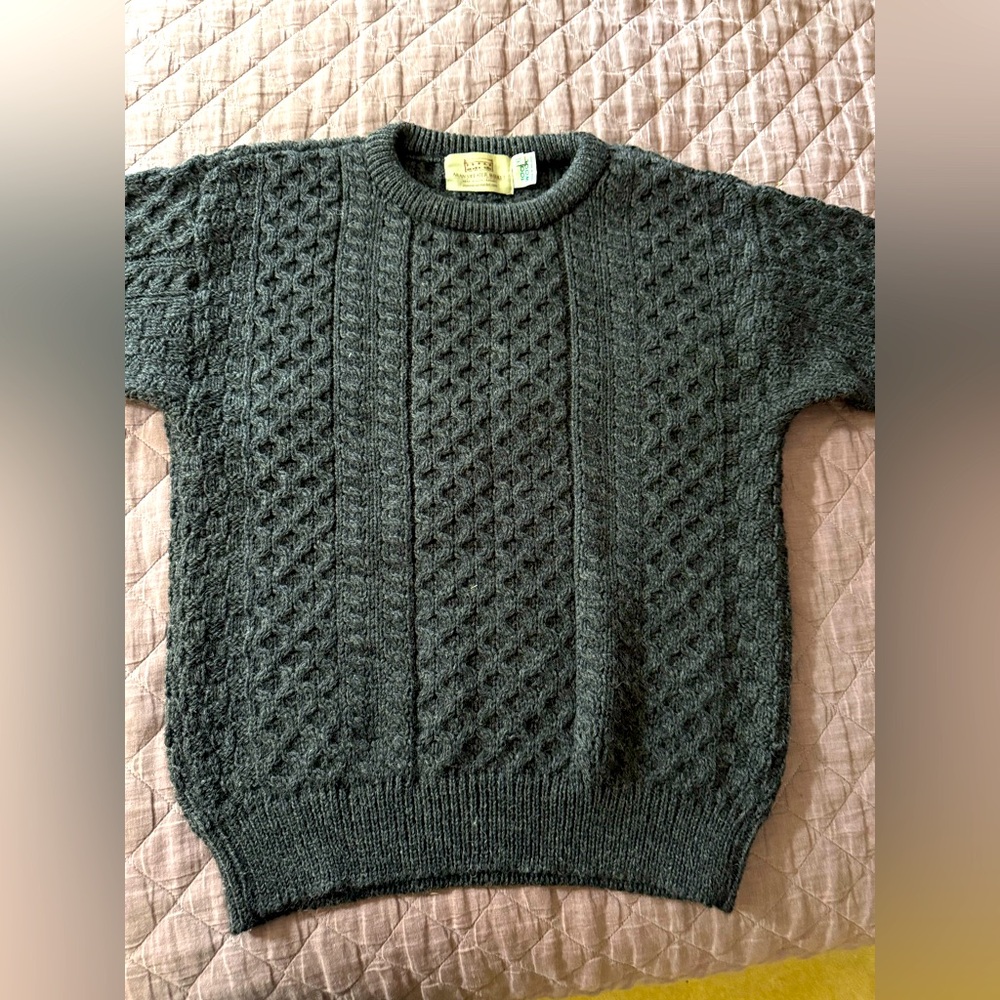 Aran Irish cable knit crewneck sweater, mens XL charcoal grey Ireland %100 wool